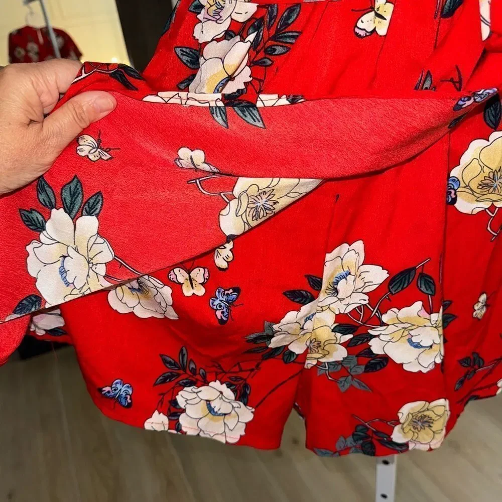 Red Floral Faux Wrap Skort Romper. Size Small